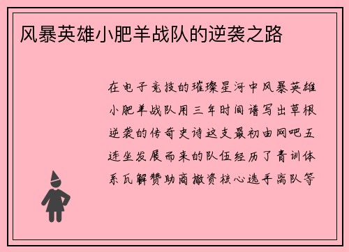 风暴英雄小肥羊战队的逆袭之路