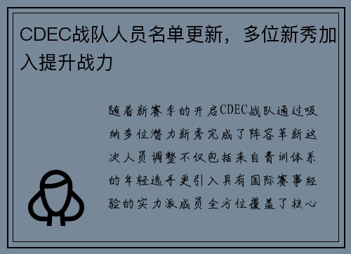 CDEC战队人员名单更新，多位新秀加入提升战力