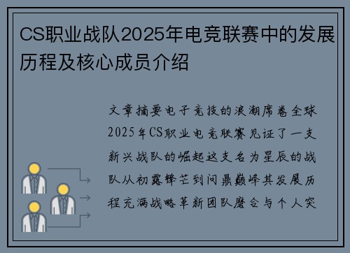 CS职业战队2025年电竞联赛中的发展历程及核心成员介绍